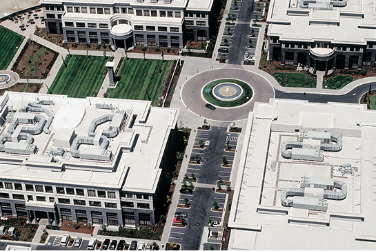 Aerial view of the Franklin Bay Meadows corporate campus featuring a high-performance Siplast roofing system.